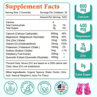 High Absorption Calcium Magnesium Zinc Gummies with Magnesium Glycinate 400mg, Sugar Free Calcium Magnesium Supplement for Bone & Teeth Strength, Muscle Function - Vegan, 60 Count