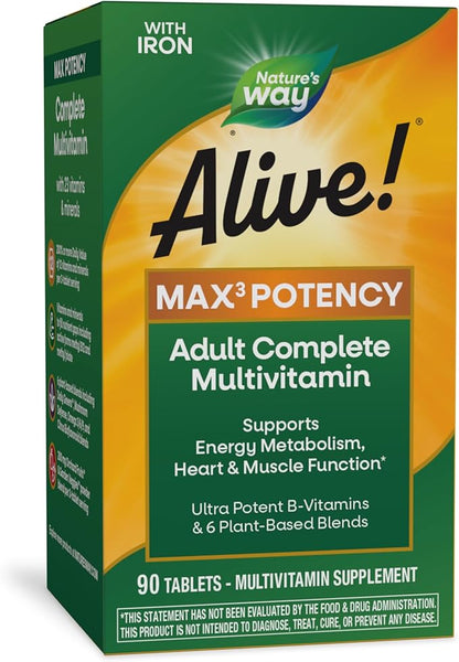 Nature's Way Alive! Max3 Potency Multivitamin, Ultra Potency B-vitamins to Support Energy Metabolism*, with Methylated B12 and Folate, 90 Tablets (Packaging May Vary)