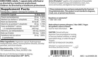 Klaire Labs Active B Complex - Energy & Mood Support B Vitamin Supplement with Metafolin Folate, Methylcobalamin B12, Biotin & VIT B6 - High Potency, Hypoallergenic B Vitamins (60 Capsules)