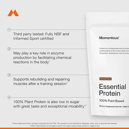 Momentous Essential Vegan Protein Powder - 20g Plant Based Protein - NSF Certified, Gluten-Free, Non-GMO, 20 Servings for Essential Everyday Use, Chocolate