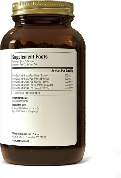 HEART & SOIL Beef Organs Complex — Grass Fed Liver, Heart, Kidney, Pancreas, and Spleen for Complete Nose to Tail Nutrition (180 Capsules)