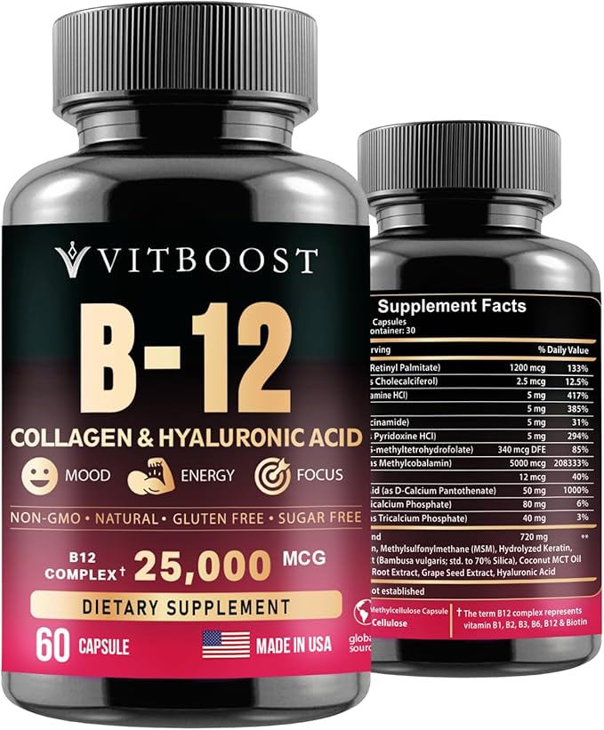 B12 with Hyaluronic Acid, Collagen and Folate – 25000 mcg B12 Methylcobalamin Supplement | Maximize Absorption & Energy | Gluten Free USA Made, B1, B2, B3, B6, B7 Complex - 60 Capsules