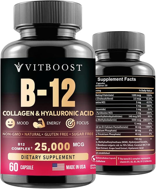 B12 with Hyaluronic Acid, Collagen and Folate – 25000 mcg B12 Methylcobalamin Supplement | Maximize Absorption & Energy | Gluten Free USA Made, B1, B2, B3, B6, B7 Complex - 60 Capsules