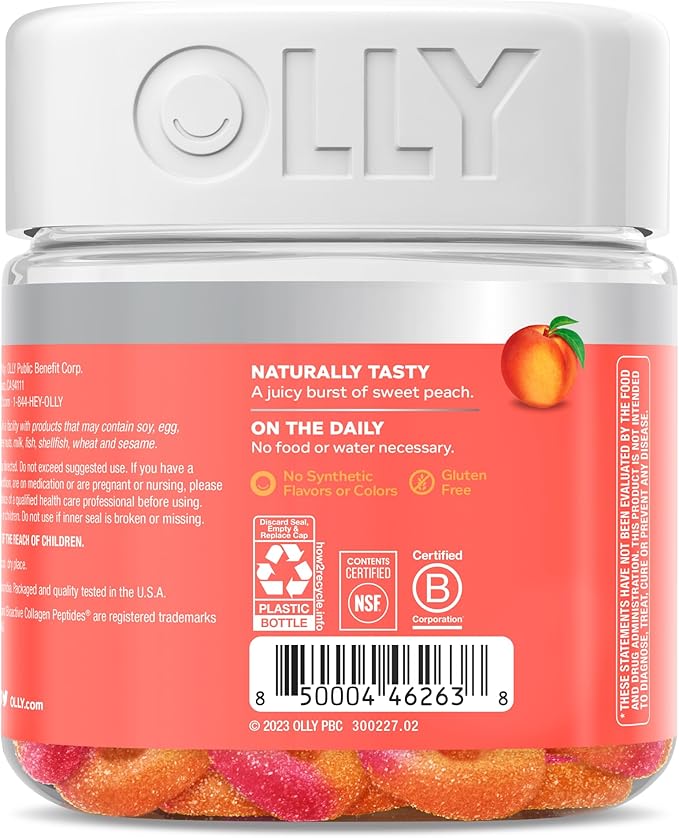 OLLY Collagen Gummy Rings, Supports Skin Elasticity and Firmness, 2.5g Collagen, Clinically-Tested, Peach, 15 Day Supply - 30 Count