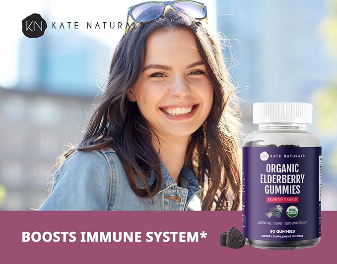 Kate Naturals Elderberry Gummies with Vitamin C and Zinc for Adults & Kids. Tasty Sambucus Elderberry Gummies for Immune Support (90 Gummies, 45 Day Supply, Organic)