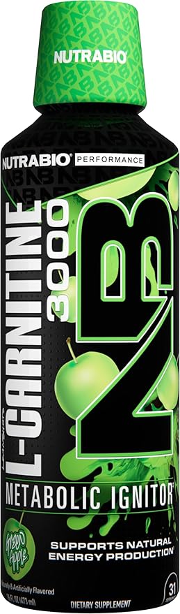 NutraBio – L-Carnitine Liquid Shots – 3000mg, (Green Apple) – 10mg of Vitamin B-5 – Zero Carbs & Sugars – Energy Production – Muscle Recovery