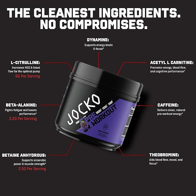 Jocko Fuel Ultimate Pre Workout Powder - Pre-Workout Energy Powder Drink for Men & Women - High Stim Sugar-Free Nootropic Blend to Support Muscle Pump, Energy, & Recovery 200mg Caffeine Sour Grape