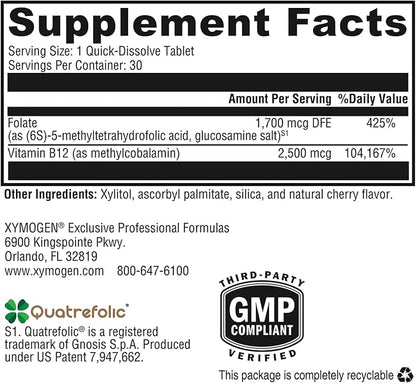 XYMOGEN 5-MTHF Plus B12 - Biologically Active Folate + Methyl B12 (Methylcobalamin) to Support Methylation and Nervous System Health - Great-Tasting Cherry Flavor (30 Quick-Dissolve Tablets)