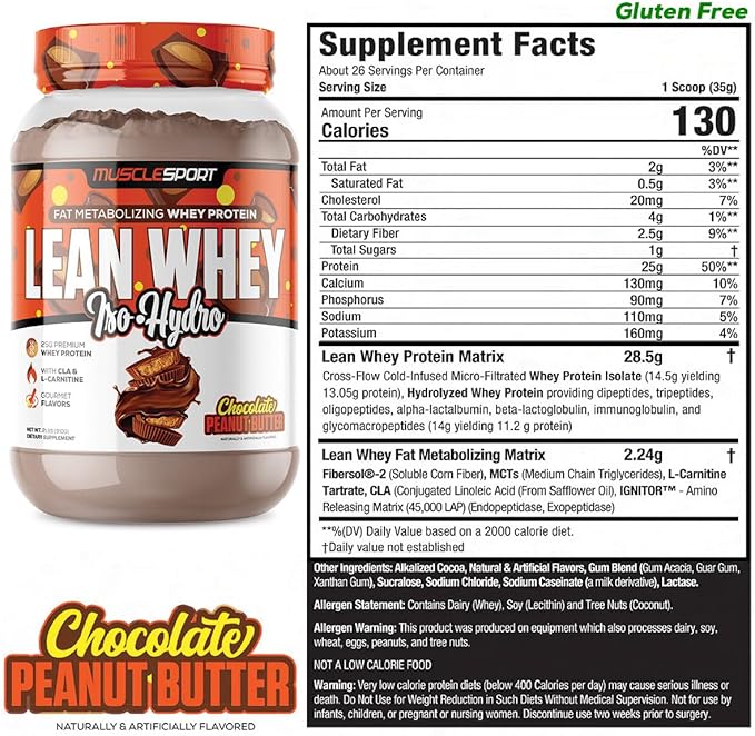 Musclesport Lean Whey Revolution™ Protein Powder - Whey Protein Isolate - Low Calorie, Low Carb, Low Fat, Incredible Flavors - 25g Protein per Scoop (2LB, Chocolate Peanut Butter)