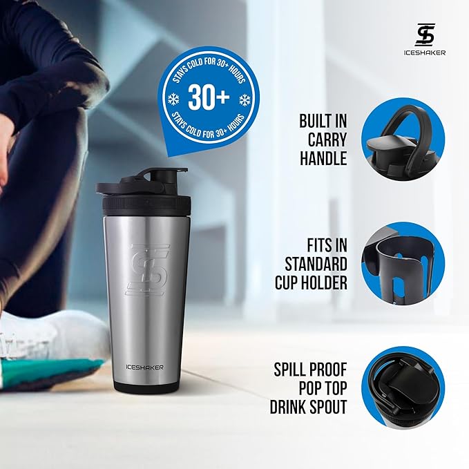 Ice Shaker Insulated Stainless Steel Shaker Bottle | 26oz , Stainles Steel | Cold for 30+ Hours | Insulated Cup with Twist-on Agitator | Odor-Free Shaker Cup for Protein Shakes, Water, Smoothies, Cocktails