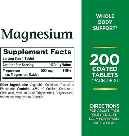 Nature's Bounty Magnesium 500mg Tablets, Supports Bone & Muscle Health, Twin Pack, 400 Tablets