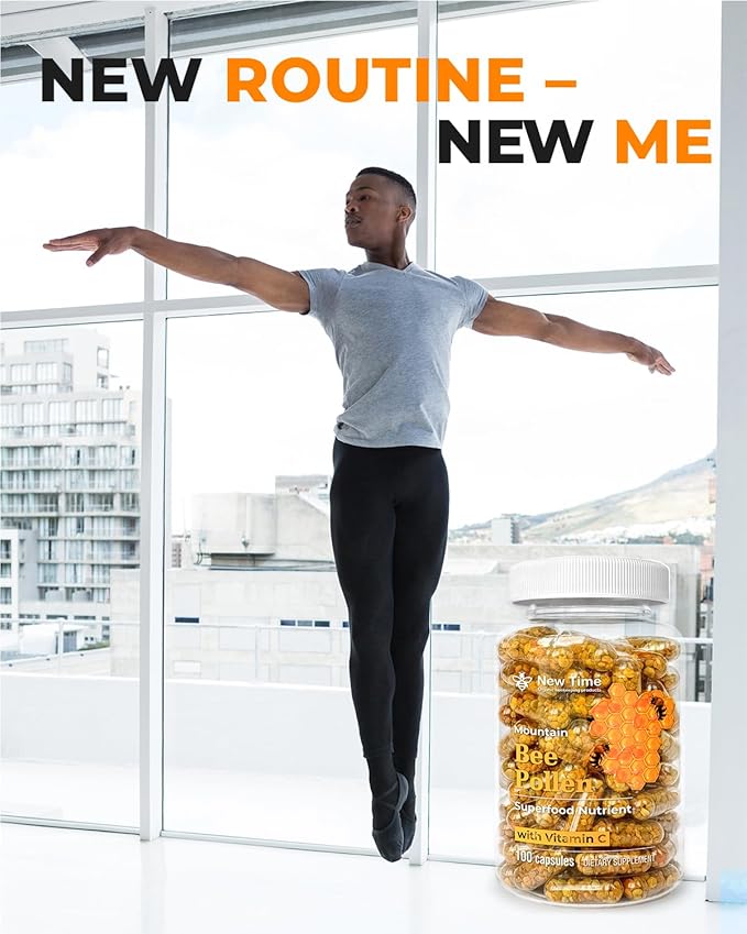 Bee Pollen Vegetarian Capsules with Vitamin C, Natural Organic Supplement, Fermented Pollen Granules, Multivitamin, Immune, Energy Support (100 caps)