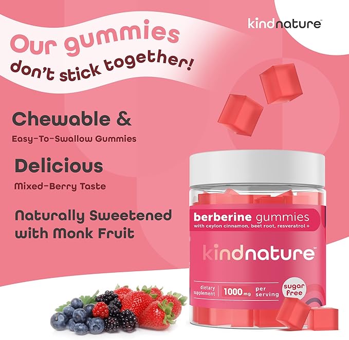Kind Nature 1000mg Berberine Gummies - Sugar Free Natural Berberine Supplement Gummies with Ceylon Cinnamon & Beet Root - Non GMO, 3rd Party Tested Berberine Complex