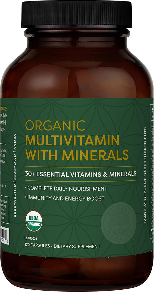 Global Healing USDA Organic Multivitamin for Women and Men - Vitamins Include A, C, D, E K, & More for Your Overall Health & Wellness Needs - Complete Daily Multi Vitamin Nourishment (120 Capsules)