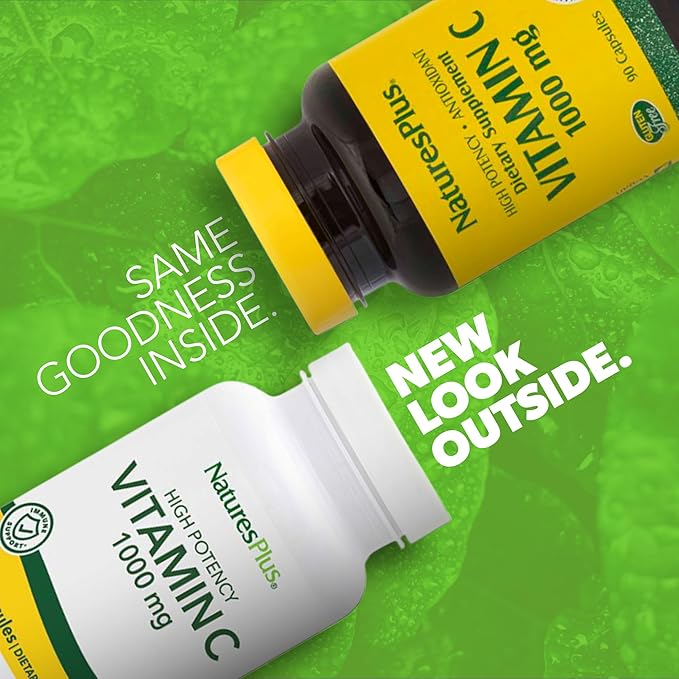 Natures Plus Vitamin C - 1000 mg Ascorbic Acid, 90 Vegetarian Capsules - High Potency Vascular & Immune Support Supplement, Antioxidant - Corn-Free, Gluten-Free - 90 Servings