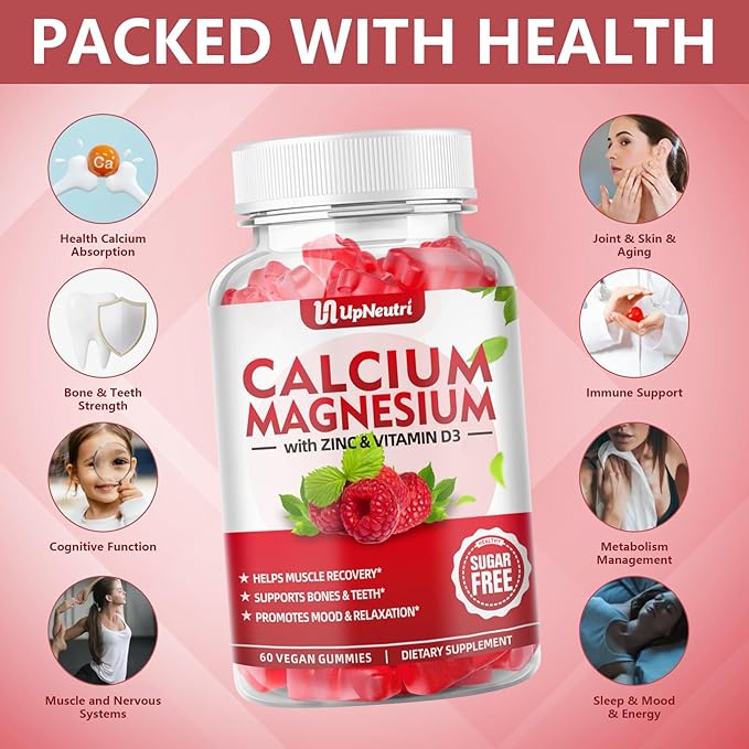 Calcium Magnesium Zinc with Vitamin D3 Supplement, Sugar Free Calcium Gummies for Women Men, High Absorption Zinc Gummies for Bone & Muscle & Immune Health, Vegan Raspberry Flavor - 60 Count