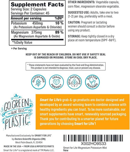 SMART FOR LIFE Potassium Magnesium Supplement – High Absorption Magnesium Complex – 90 Vegan Capsules - Magnesium and Potassium Supplement for Vascular Health, Magnesium for Leg Cramps and Sleep 90 ct