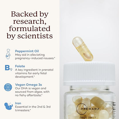 Premama Prenatal Vitamins for Women, Once-Daily Multivitamin Supplement, Includes Folate and DHA, Allergen-Free, 28 Vegan Capsules