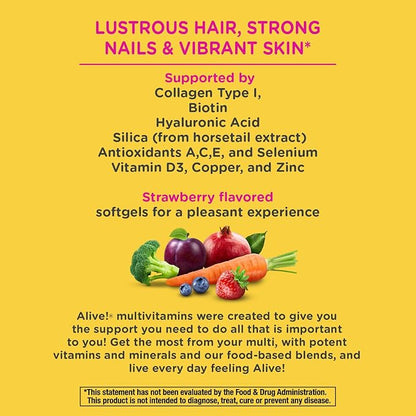 Nature's Way Alive! Hair, Skin & Nails Multivitamin with Biotin and Collagen, 60 Softgels