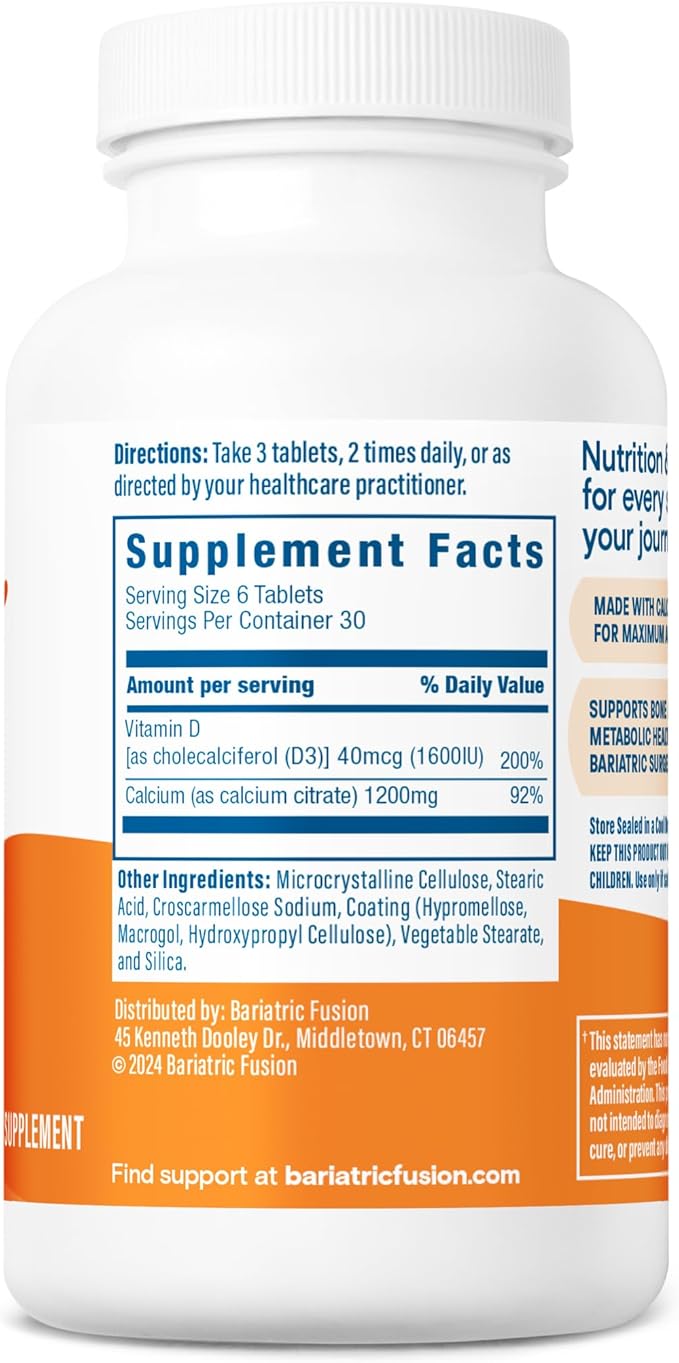 Bariatric Fusion Non Chewable Calcium Citrate with Vitamin D3 Tablet | Easy to Swallow Calcium Supplement | Calcium 1200 mg | 180 Tablets