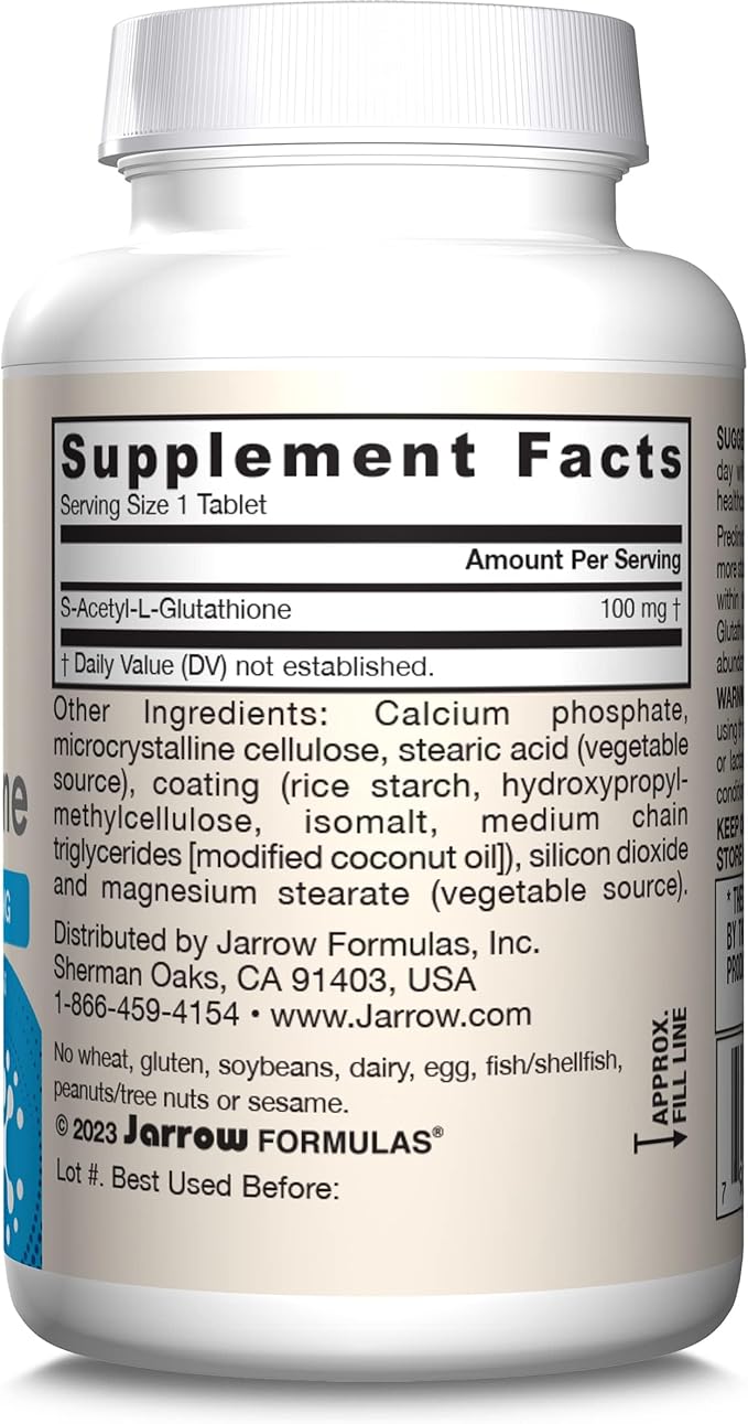 Jarrow Formulas S-Acetyl L-Glutathione Tablets - 100 mg - 60 Count - Dietary Supplement - Stable Form of L-Glutathione - for Antioxidant Support and Detoxification - Non-GMO - Gluten Free