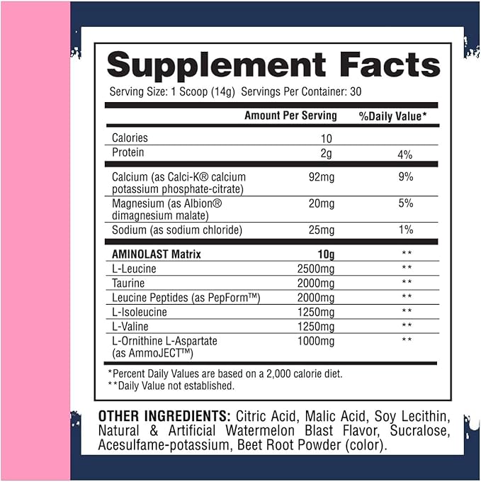 Gaspari Nutrition Aminolast, Recovery and Endurance BCAA Superfuel, 2:1:1 Amino Acid Ratio, Fueled with Electrolytes (30 Servings, Watermelon Blast)
