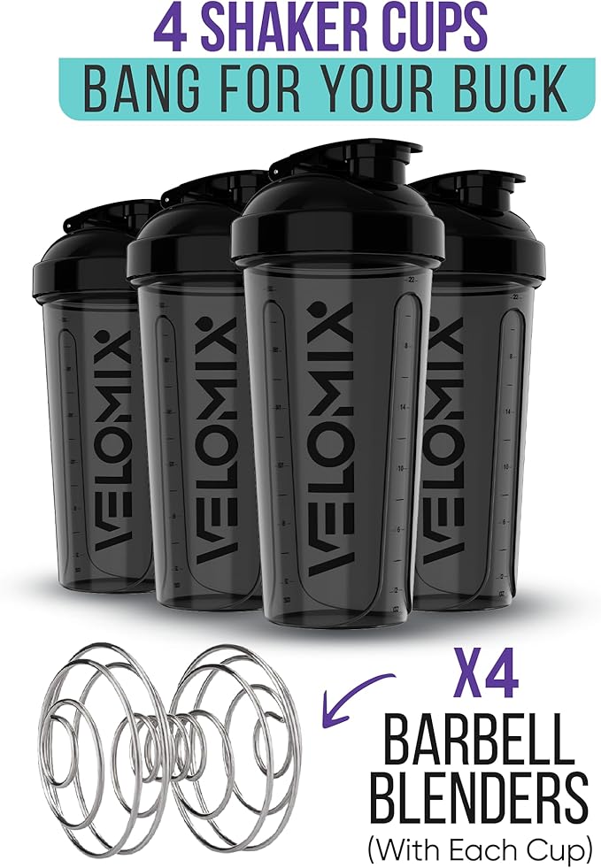 -4 PACK- 28 oz Shaker Cups for Protein Shakes - 4x Wire Whisk | BPA-Free & Dishwasher Safe | Leak Proof Protein Shaker Bottles for Protein Mixes | Large Blender Shaker Bottle Pack (4 Black)