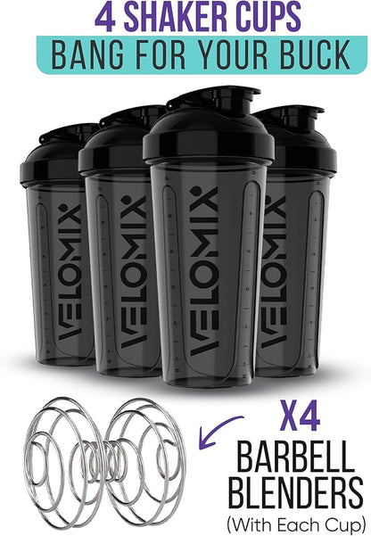 -4 PACK- 28 oz Shaker Cups for Protein Shakes - 4x Wire Whisk | BPA-Free & Dishwasher Safe | Leak Proof Protein Shaker Bottles for Protein Mixes | Large Blender Shaker Bottle Pack (4 Black)