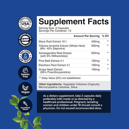 Potent Black Maca Root Capsules for Men - Herbal Wellness Supplement with Siberian Ginseng Ashwagandha and Black Maca Root - Men’s Wellness Supplement to Support General Health (Trial Size)
