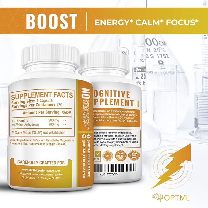 OPTML Boost, 100mg Caffeine Pills with 200mg L-Theanine, Energy Pills for Mood Elevation and Sharper Focus, Blend of Caffeine Anhydrous and Tea Derived L-Theanine, No Crash, No Jitters, 120 Capsules