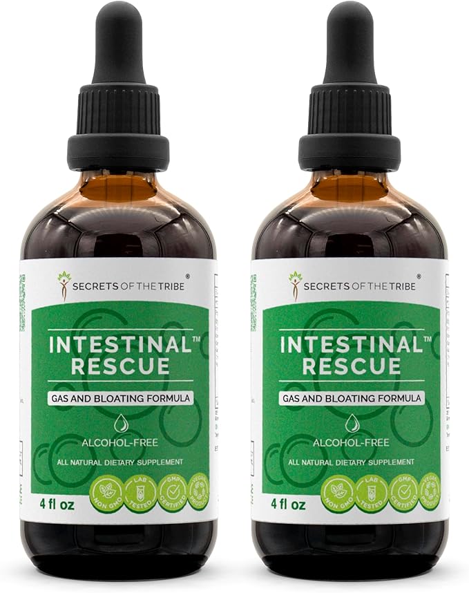 Secrets of the Tribe - Intestinal Rescue, Gas and Bloating Formula, Herbal Supplement Blend Drops Alcohol-Free Liquid Extract (2x4 fl oz)