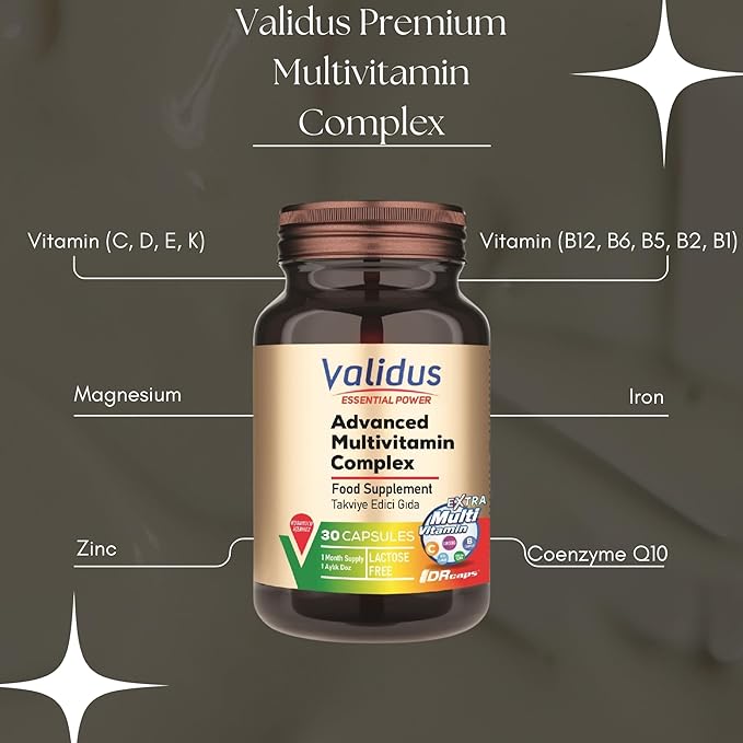 Validus Premium Advanced Multivitamin Complex with Essential Vitamin C, Vitamin D and E, Vitamin K, Vitamin B12, B6, B5, B2, B1, Magnesium, Iron, Zinc Supplements, Gluten-Free - 30 Capsules