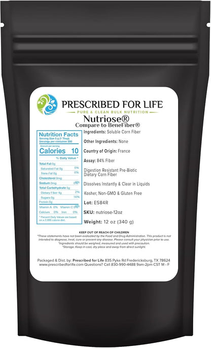 Prescribed For Life Nutriose Powder | Natural Fiber Supplement | Prebiotic Soluble Corn Fiber for Adults | Gluten Free, Vegan, Non GMO (12oz / 340g)
