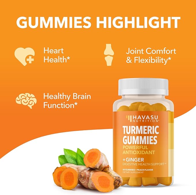 Turmeric Gummies With Ginger - Turmeric Supplement With Ginger Root Extract - Ginger Chews with Turmeric Curcumin for Immune Support and Joint Health - Peach Flavor - 60 Turmeric and Ginger Gummies
