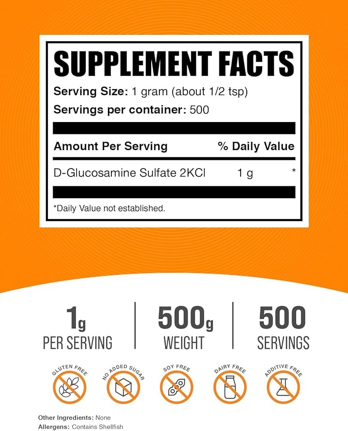 BulkSupplements.com Glucosamine Sulfate Powder - Glucosamine Supplement, Glucosamine Powder - for Joint Support, Gluten Free, 1000mg per Serving, 500g (1.1 lbs) (Pack of 1)