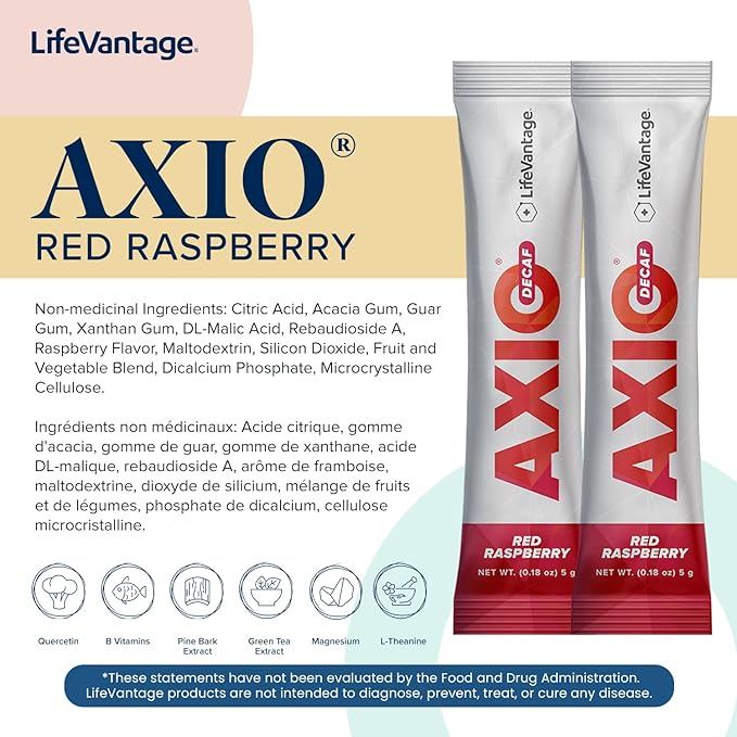 AXIO Regular Energy Drink Powder, Red Raspberry, 30 Packets, Instant Energy Powder, Energy Supplement in a Drink Mix, w/B Vitamins, DMAE, L-Theanine, Quercetin, Green Tea & Pine Bark Extract