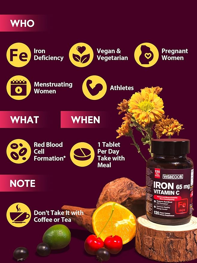 Iron Supplement for Women Men | High Potency Iron 65mg with Vitamin C 250mg | Stomach Friendly Iron Pills for Red Blood Cell & Immune Support | Vegan, Non-GMO & Gluten Free | 120 Iron Tablets