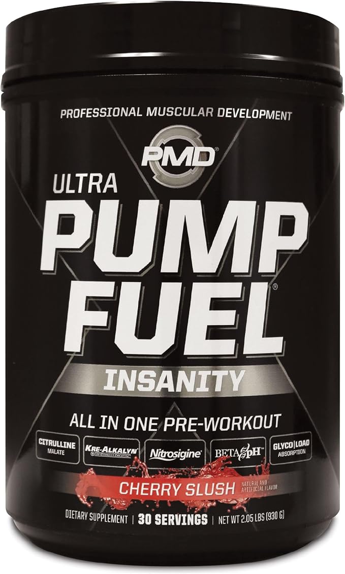 PMD Sports Ultra Pump Fuel Insanity - Pre Workout Drink Mix for Energy, Strength, Endurance, Recovery - Complex Carbohydrates and Amino Energy - Cherry Slush (30 Servings)
