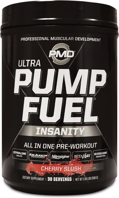PMD Sports Ultra Pump Fuel Insanity - Pre Workout Drink Mix for Energy, Strength, Endurance, Recovery - Complex Carbohydrates and Amino Energy - Cherry Slush (30 Servings)