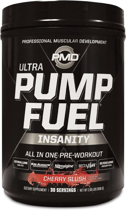 PMD Sports Ultra Pump Fuel Insanity - Pre Workout Drink Mix for Energy, Strength, Endurance, Recovery - Complex Carbohydrates and Amino Energy - Cherry Slush (30 Servings)
