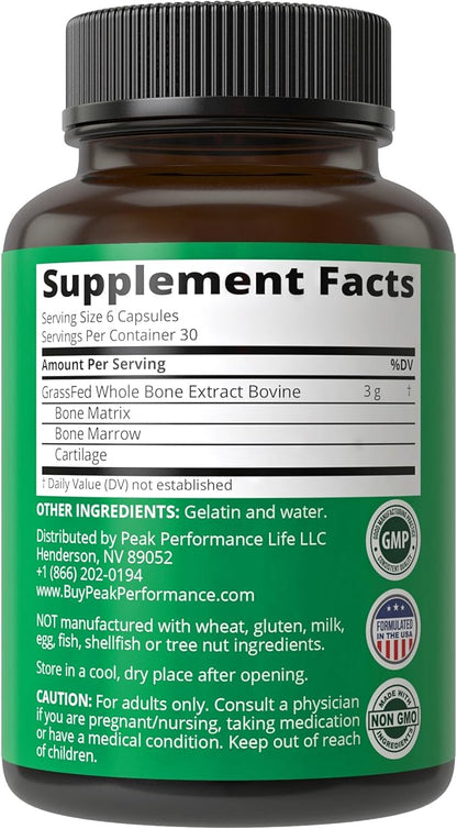 Peak Performance Grass Fed Bone Marrow - Whole Bone Extract Supplement 180 Capsules Superfood Pills Rich in Collagen, Vitamins, and Amino Acids. from Bone Matrix, Marrow, Cartilage. Ancestral Tablets