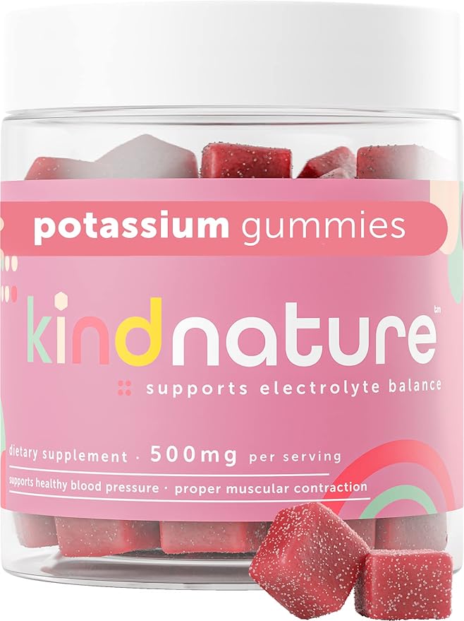 Kind Nature High Potassium Supplement 500mg - Chewable Gummies for Adults & Kids - Pure Potassium Bicarbonate Mineral Supplement - Vegan, Gluten Free, Non GMO - 60 Gummies (30 Day Supply)