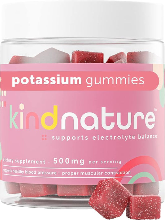 Kind Nature High Potassium Supplement 500mg - Chewable Gummies for Adults & Kids - Pure Potassium Bicarbonate Mineral Supplement - Vegan, Gluten Free, Non GMO - 60 Gummies (30 Day Supply)