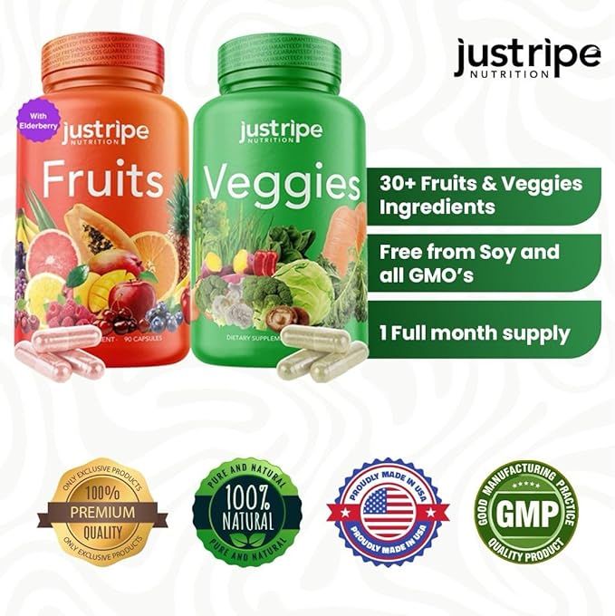 Fruits and Veggies Supplement - 90 Fruit and 90 Veggies Capsules (2 Pack) - 100% Whole Natural Superfood - Filled with Vitamins and Minerals - Supports Energy Levels - Made