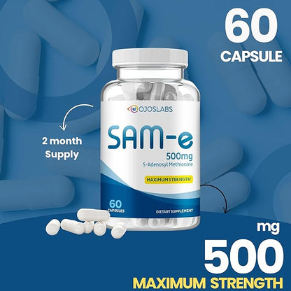 Sam-e 500mg Methionine supplement for Liver, Joint, Brain and Mood support, High Absorption Sam e supplement (S Adenosyl Methionine), Vegan, Gluten Free,Non-GMO, 60 Sam e Capsule, Made in USA