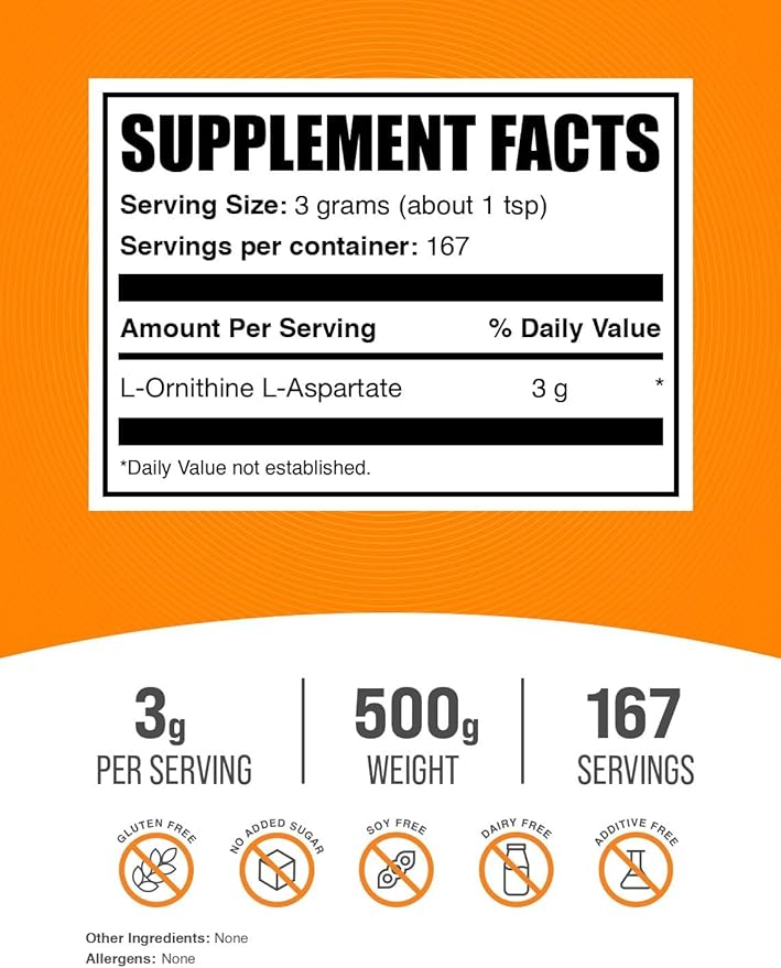 BulkSupplements.com L-Ornithine L-Aspartate Powder - Ornithine Supplement, Ornithine Powder - Amino Acid Supplement, Gluten Free, 3g per Serving, 500g (1.1 lbs) (Pack of 1)