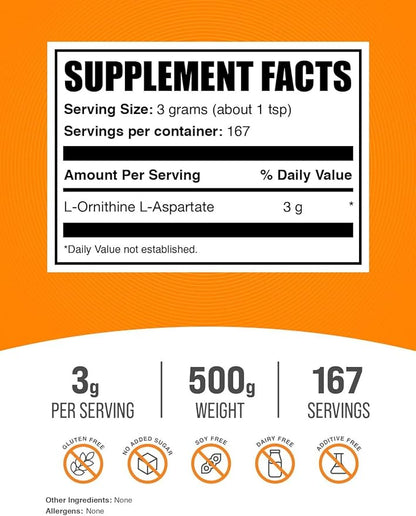 BulkSupplements.com L-Ornithine L-Aspartate Powder - Ornithine Supplement, Ornithine Powder - Amino Acid Supplement, Gluten Free, 3g per Serving, 500g (1.1 lbs) (Pack of 1)