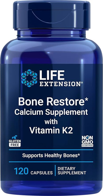 Life Extension Bone Restore + Vitamin K2 Vitamins & Minerals Maintain Bone Health & Strength - Fortifying Nutrients Calcium, D3 & Important Bone Building Minerals - Non-GMO, Gluten-Free -120 Capsules