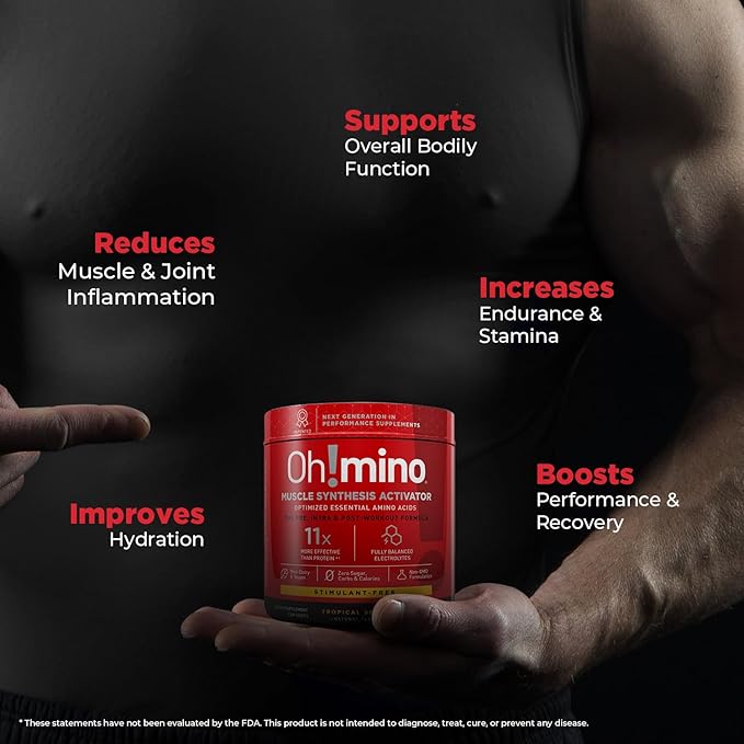 Oh!mino Amino Acid Energy Blend - Sugar-and-Stimulant-Free, Pre-Post Workout Powder, BCAA Amino Acids, Workout Recovery Drink, Muscle Synthesis Activator, Tropical Splash, 280 g, 40 Servings