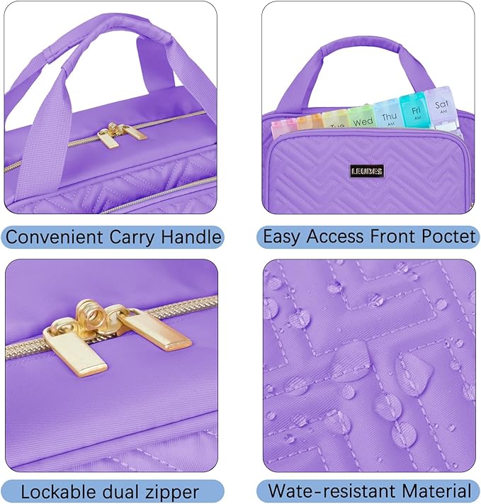 Leudes Travel Pill Bottle Organizer,Medicine Organizer and Storage,Home Medication Bag, Cases,Carrier for Pills,Vitamin,Fish Oil,Supplements for Women and Men (Medium, Purple)